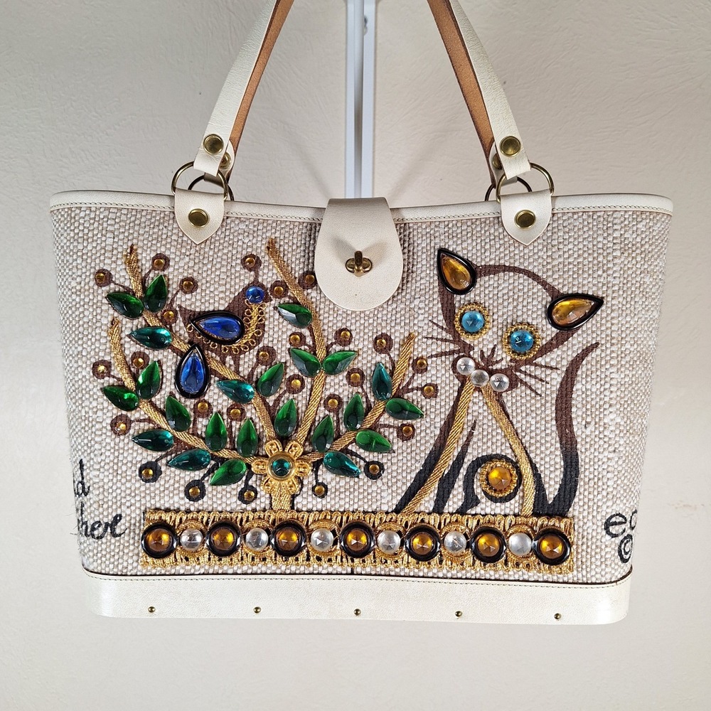 Enid Collins of Texas Vintage 1965 Bird Watchers Jeweled Cat Purse Wood Bottom